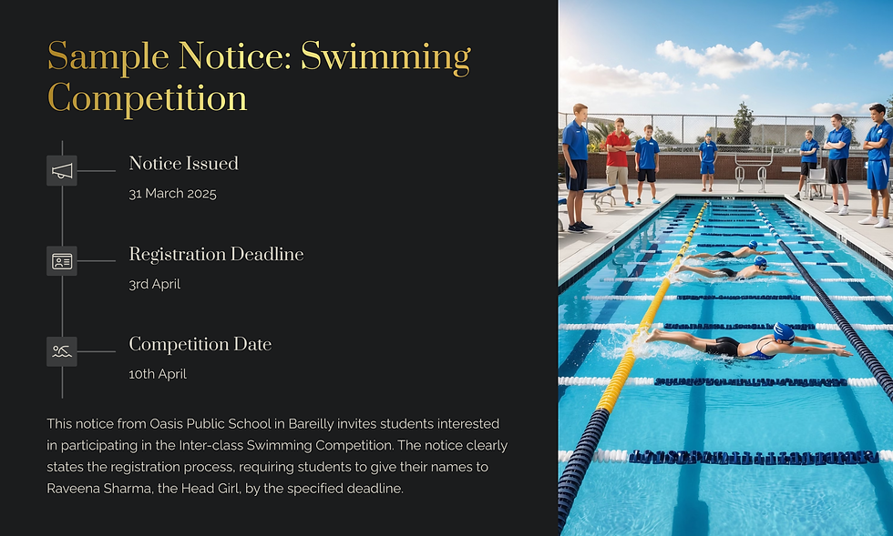 Notice for swimming competition on 31 March, Bareilly school. Pool with swimmers and coaches in blue uniforms. Sky with clouds.
