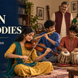 Poster for Twin Melodies by Mitra Phukan: smiling family of young musicians plays violin, flute, tabla, and keyboard at home.
