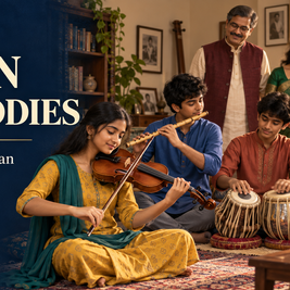 Poster for Twin Melodies by Mitra Phukan: smiling family of young musicians plays violin, flute, tabla, and keyboard at home.
