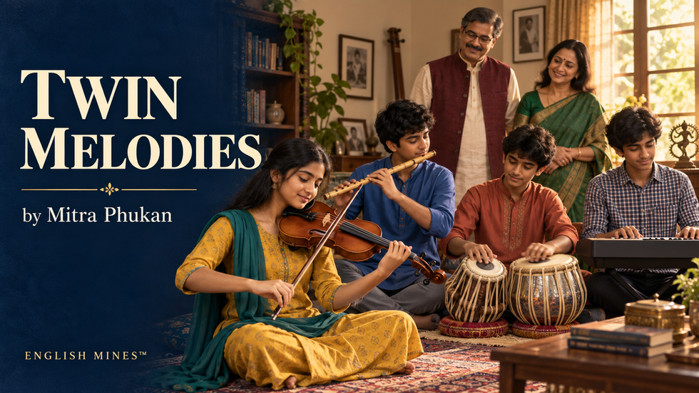 Poster for Twin Melodies by Mitra Phukan: smiling family of young musicians plays violin, flute, tabla, and keyboard at home.