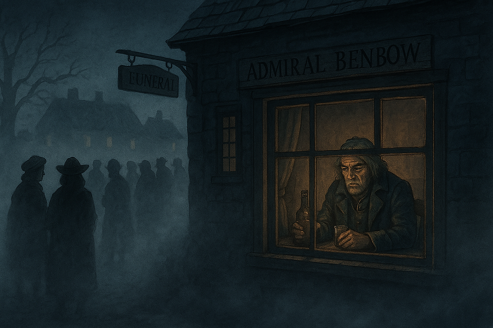 “A gloomy evening outside the Admiral Benbow Inn, fog covering the ground, neighbours whispering in groups after the funeral, while the captain sits alone in the window with a bottle of rum.”