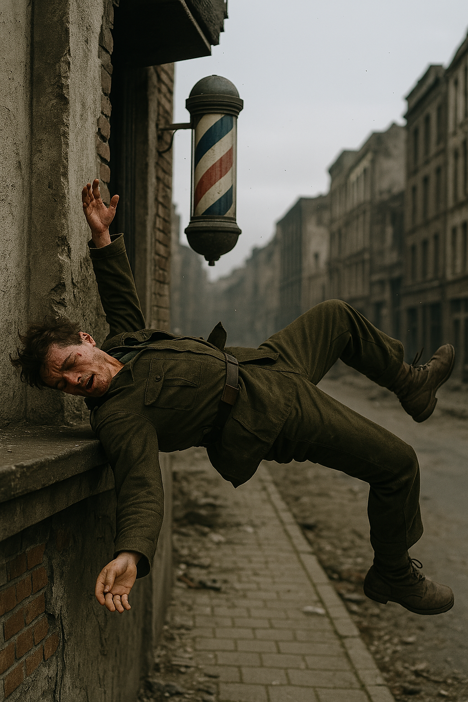 The enemy sniper’s lifeless body twisting as it falls from the rooftop, bouncing off a barbershop po