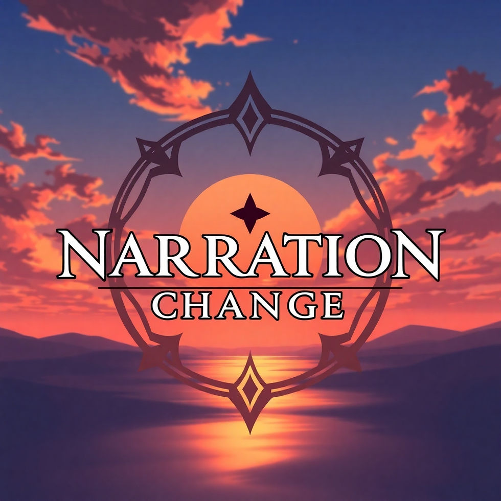 Sunset over mountains with "Narration Change" text in ornate design. Vivid orange and purple sky creates a serene mood.