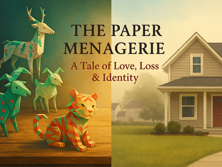 Origami animals on a table with a split background showing a house. Text: "The Paper Menagerie: A Tale of Love, Loss & Identity".