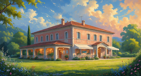 A small, humble countryside hospital surrounded by greenery, with a soft, hopeful sky in the background.