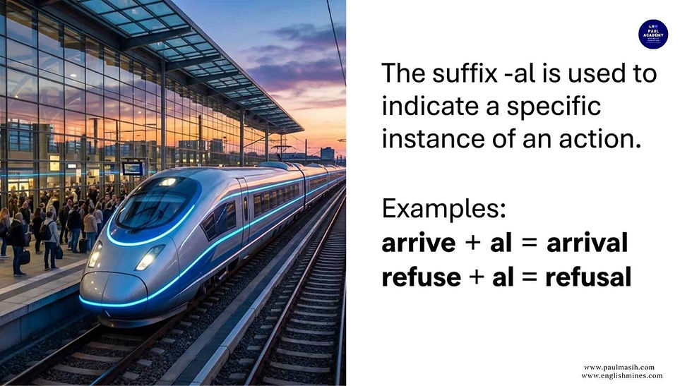 High-speed train at sunset beside a crowded station; text explains suffix -al with examples arrival and refusal.