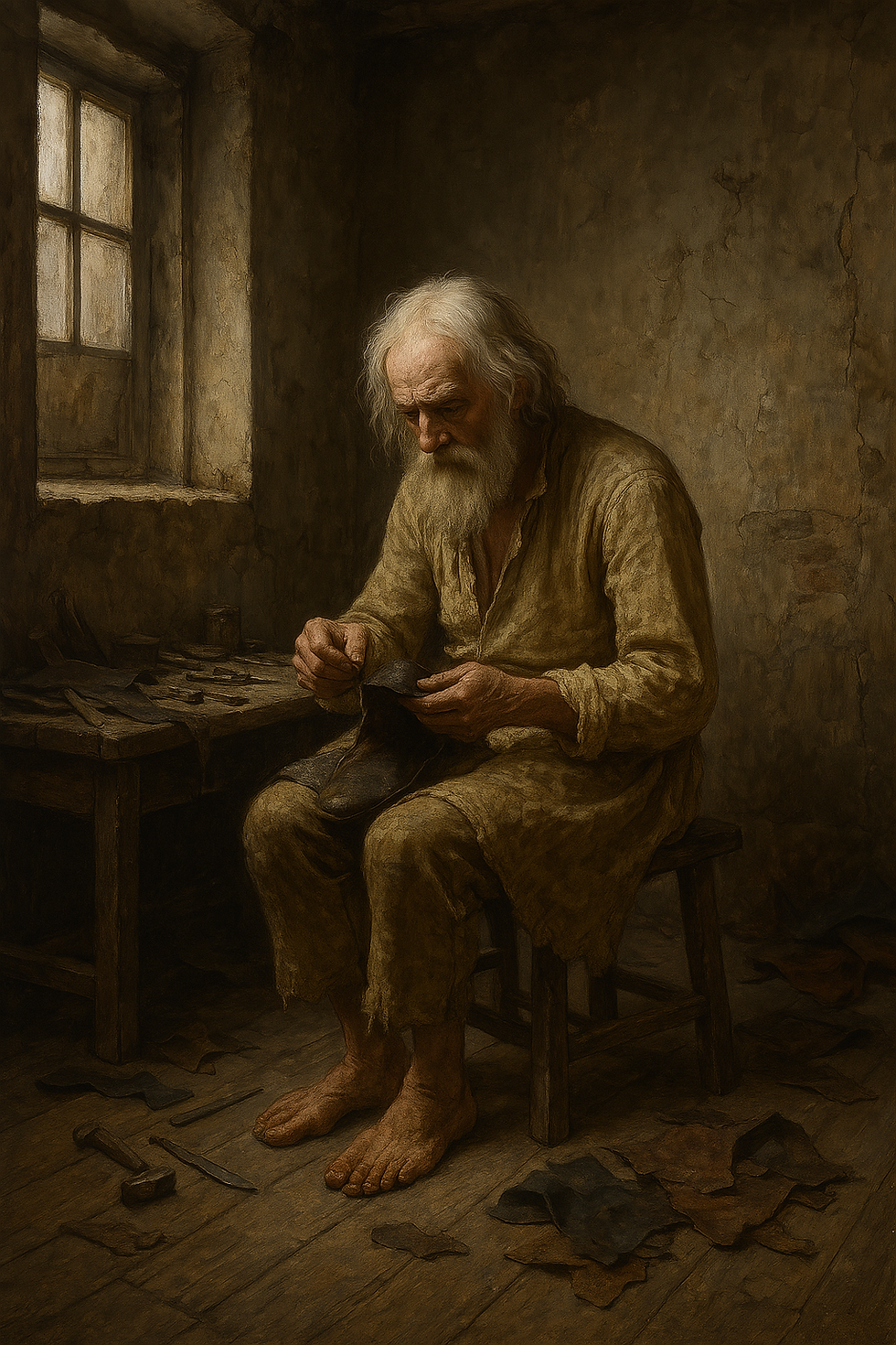 Elderly man sits on a stool in a rustic, dimly lit room, handcrafting a shoe by a window. Earthy tones create a contemplative mood.