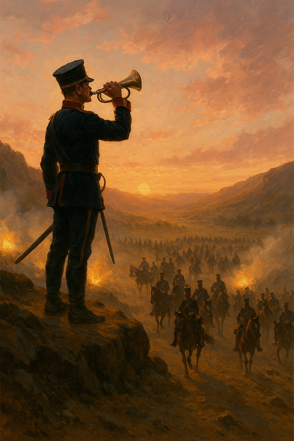 A single bugler in the foreground stands on a rocky outcrop, silhouetted against the pink-gold hues of a Crimean dawn. He wears a British military uniform, his cheeks puffed as he blows the bugle that signals the charge. Below him, hundreds of cavalrymen begin to mount their horses. The rising sun casts long shadows and golden light over the valley below, moments before the chaos of war.