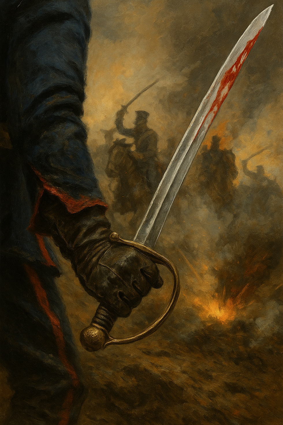 A dramatic close-up of a cavalry soldier’s gloved hand gripping a blood-stained sabre tightly. His sleeve is torn. In the background, blurred figures of horsemen fight amidst dense gun smoke. The air is thick and gritty. Sparks fly. The expression on the soldier’s face is unseen, but the hand shows resolve and weariness.