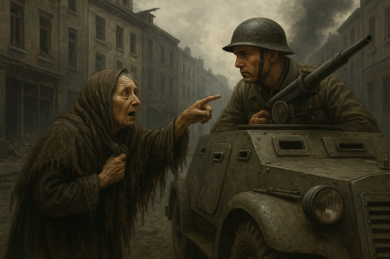 An old woman in a tattered shawl points toward a rooftop while speaking to a soldier in the turret o