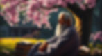 In the tranquil embrace of nature, a philosopher contemplates life's mysteries beneath blooming branches, surrounded by timeless wisdom etched in stone and nestled among ancient texts.