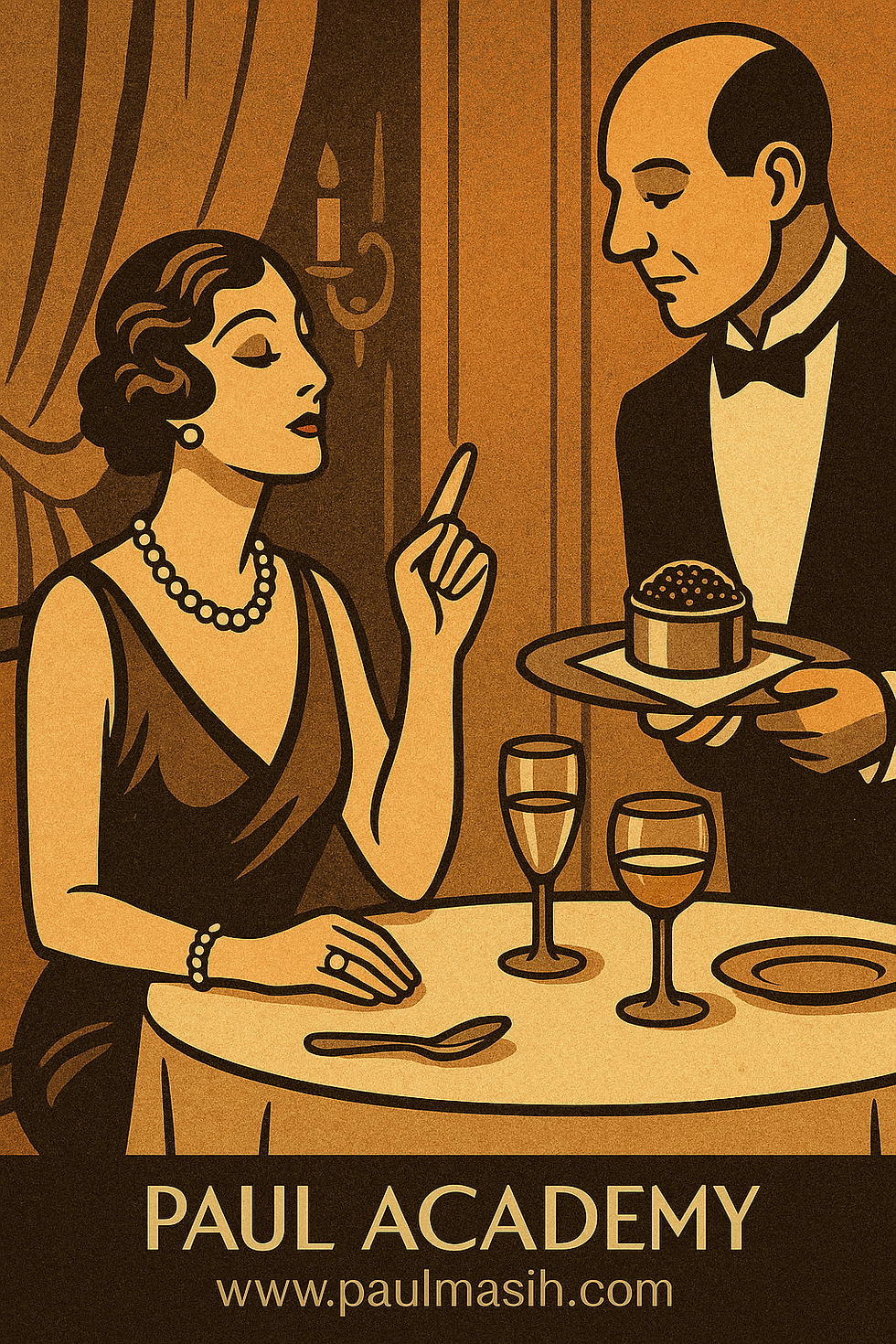 Art deco illustration of a woman gesturing at a waiter with a dessert. Elegant setting, warm tones. Text: PAUL ACADEMY, www.paulmasih.com.