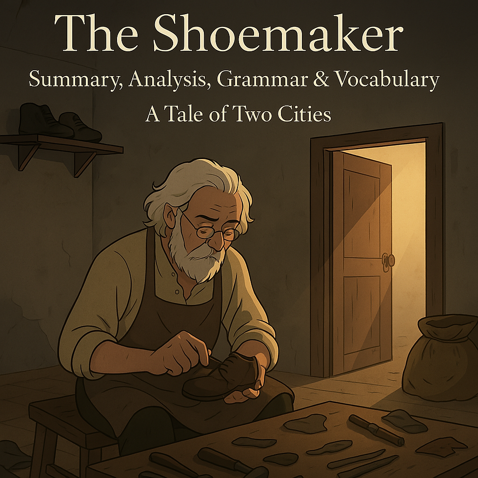 Elderly shoemaker working in dimly lit workshop, tools on table. Open door with warm light. Text: The Shoemaker, Summary, Analysis.