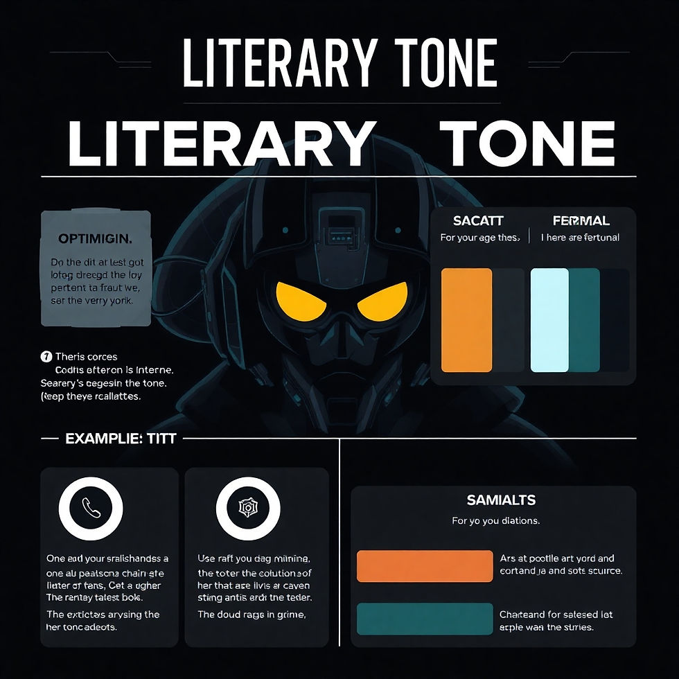 Futuristic helmet with glowing eyes in dark setting. Text on "Literary Tone" and color bars. Blocks of lorem ipsum text below. Modern design.