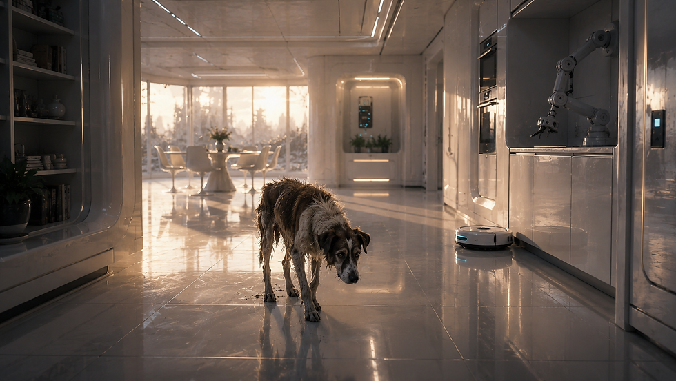 Scruffy dog walks through a sleek futuristic kitchen with a robot arm and vacuum, warm sunset light streaming in.