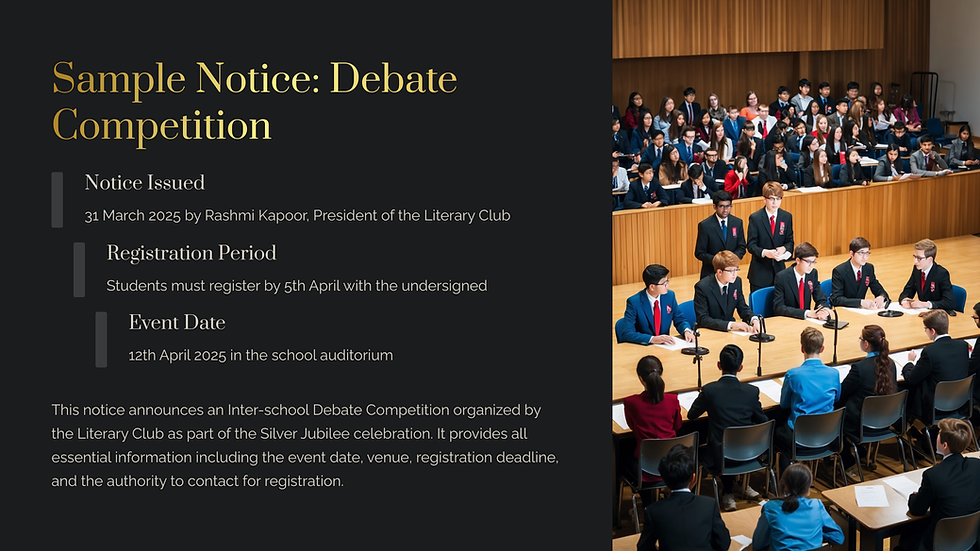 Debate competition notice with dates, surrounded by students in suits and uniforms in a school auditorium. Brown wood backdrop.