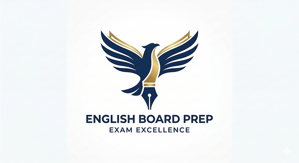 Blue and gold stylized eagle logo with a pen tip, text "English Board Prep, Exam Excellence" below. White background.