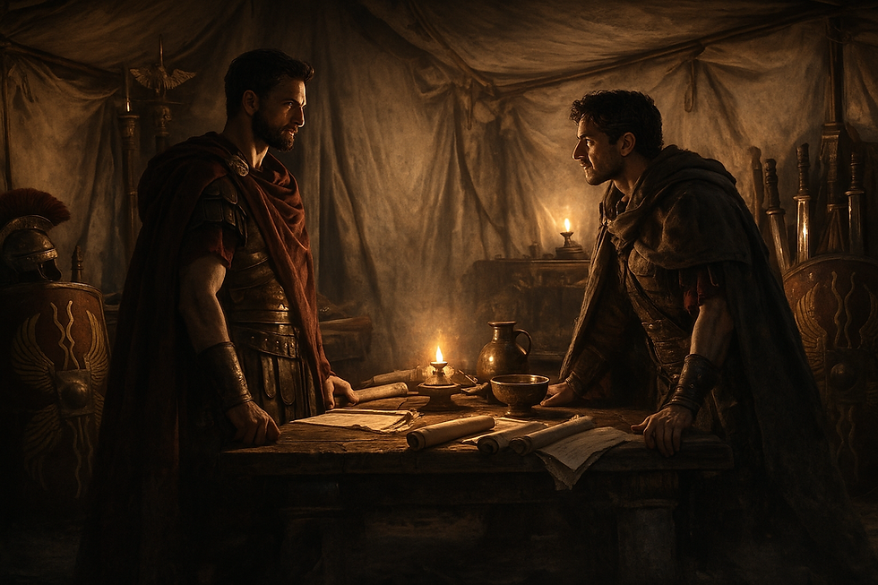 Continuation inside the tent. The argument reaches its height. Brutus stands rigid and dismissive, Cassius visibly enraged and hurt. Their enlarged shadows loom on the tent walls, mirroring the fracture between them. Lighting remains low and dramatic, colours unchanged.