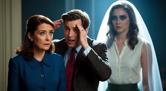 A comical moment where John tries to shield Lavinia from seeing Helen. Lavinia stands in front, looking suspicious and stern, while Helen, partially visible, fades away in the background, her ghostly form blending with the room’s shadows.