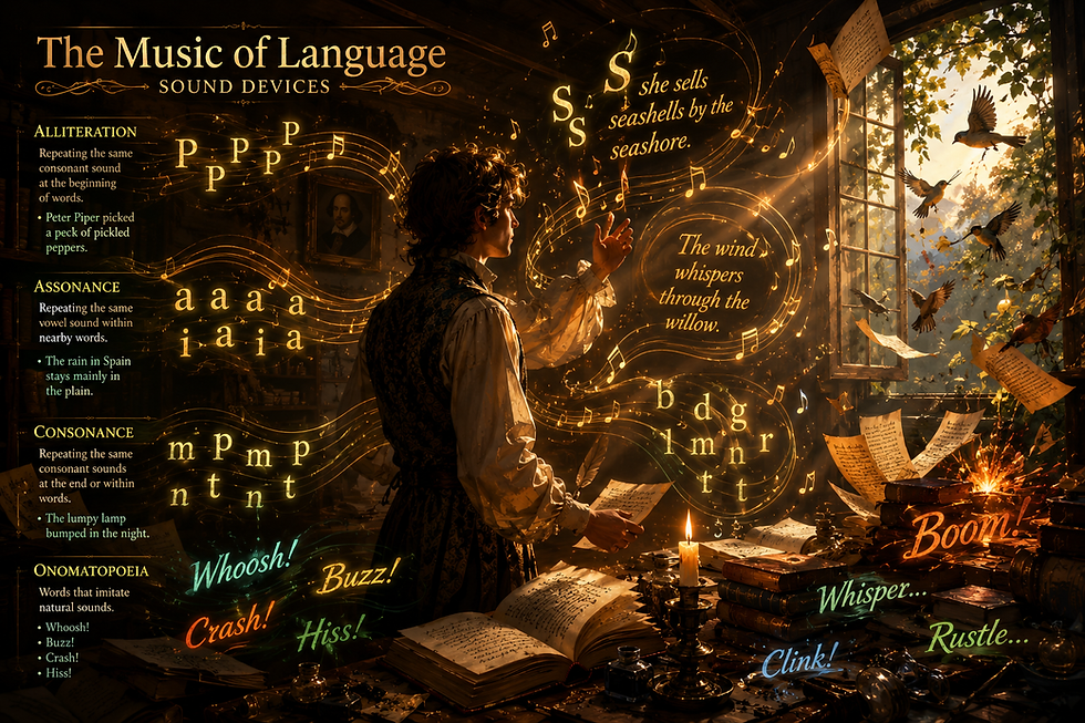 Golden infographic of a boy in a study, with glowing sound waves, birds at a sunlit window, and text on alliteration and onomatopoeia