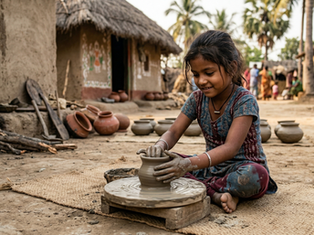 A young Indian girl shaping a clay pot by hand.