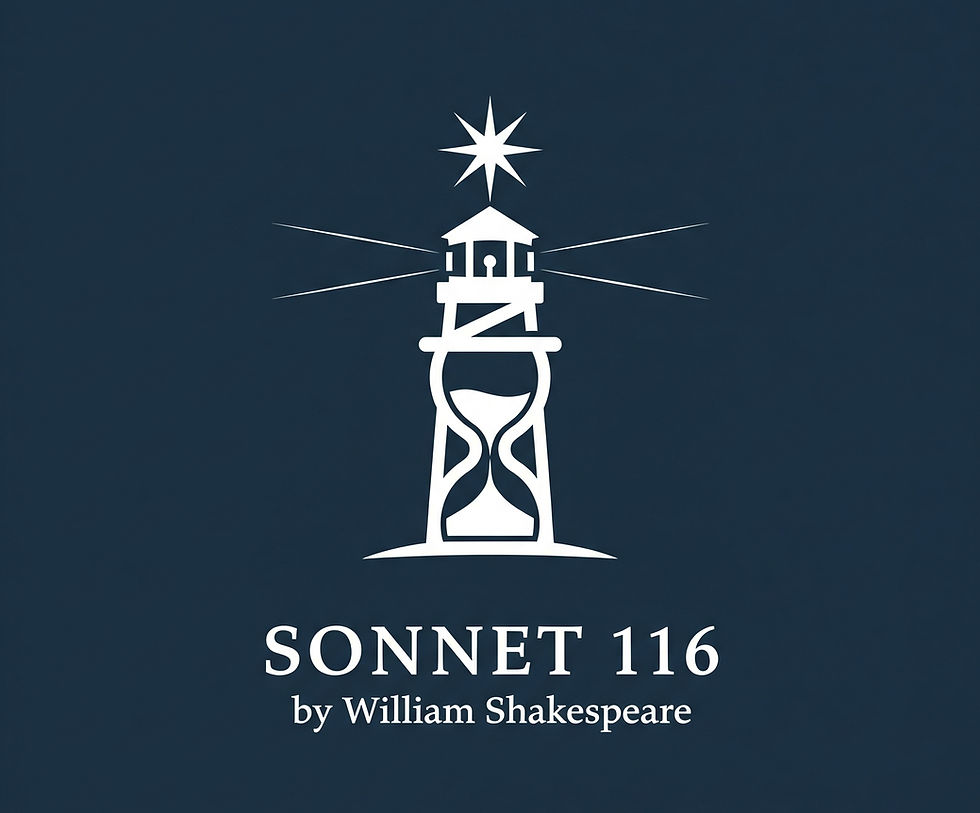 Stylized white lighthouse with an hourglass shape on a dark blue background. Text reads "Sonnet 116 by William Shakespeare" below.