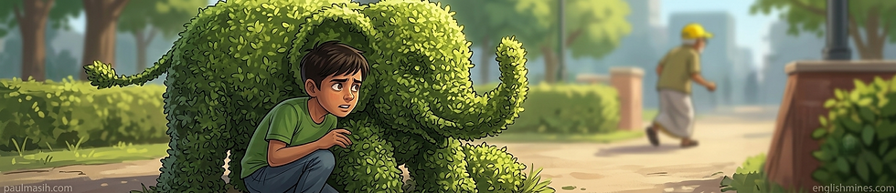 Worried boy crouches in a leafy topiary elephant in a sunny park; blurred worker behind. Watermarks: paulmasih.com, englishmines.com.
