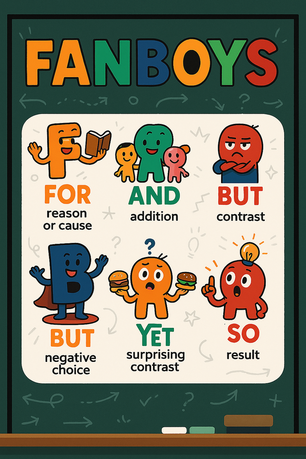 Fanboys acronym poster with cartoons illustrating coordinating conjunctions: For, And, But, Yet, So. Each action or emotion is pictured.
