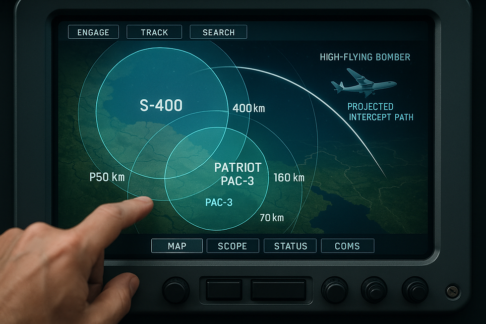 Radar map showing Patriot and S-400 missile defense zones with labels and high-altitude aircraft intercept simulation.