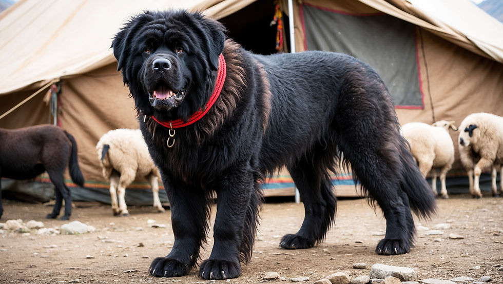 A close-up of a fierce Tibetan mastiff standing alert outside a nomad’s tent. The massive black dog, with thick shaggy fur, appears almost like a mythical creature, with a bright red collar standing out vividly against its dark coat. Its intense eyes are fixed forward, and its mouth is slightly open, revealing sharp teeth. Behind the dog, the tent is simple, blending with the rocky terrain, and a few sheep graze nearby. The scene conveys the mastiff’s powerful presence as a guardian of its territory.
