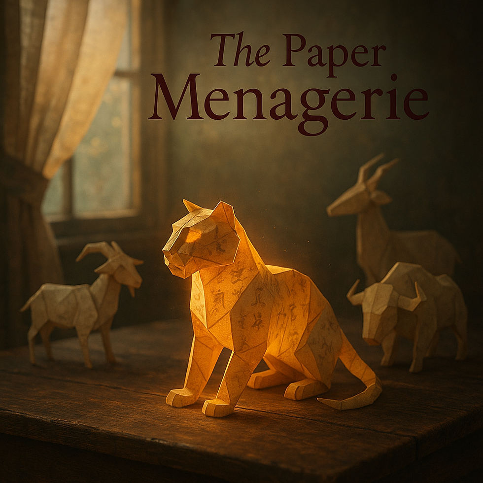 Origami animals glow on a wooden table by a curtained window. Warm light creates a cozy atmosphere. Text: The Paper Menagerie.