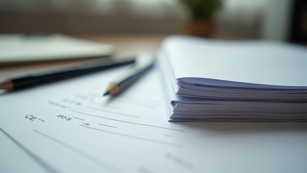Close-up view of an organized stack of papers and a pencil on a desk