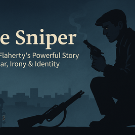 Silhouette of a sniper lying with a rifle against a city skyline. Text: "The Sniper: Liam O'Flaherty's Powerful Story of War, Irony & Identity."