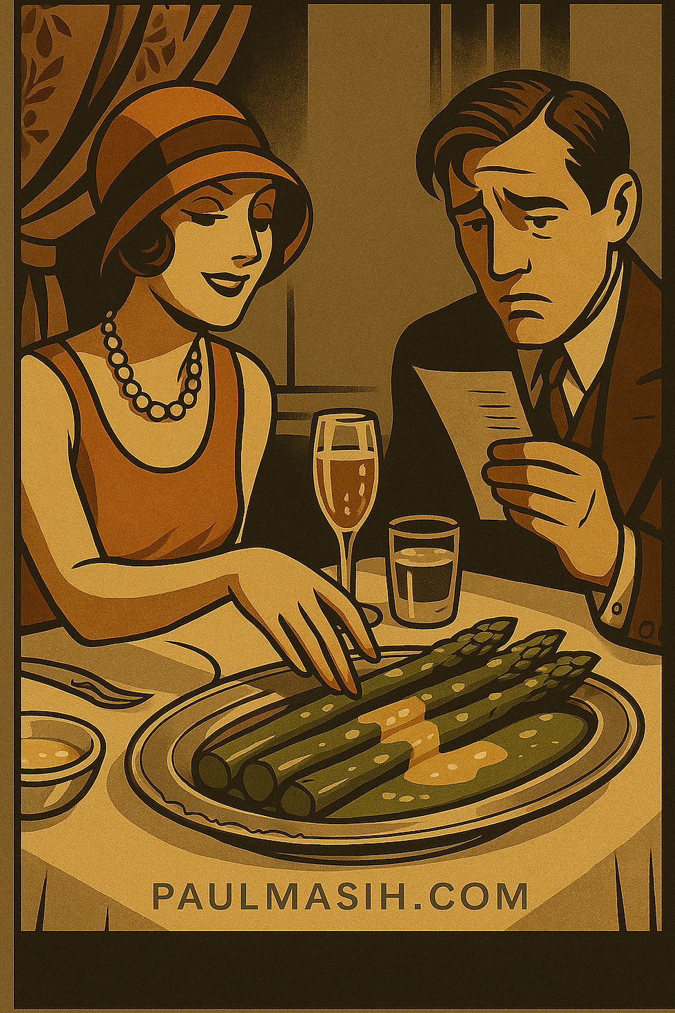 “Giant asparagus served on a silver platter as the lady reaches for it while the narrator worries.”