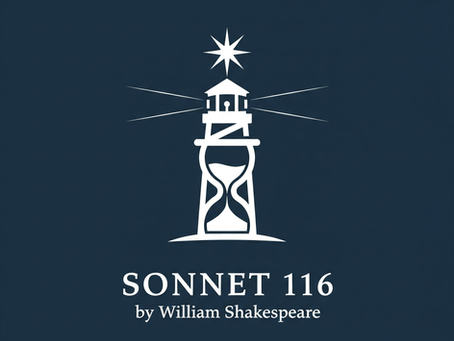 Stylized white lighthouse with an hourglass shape on a dark blue background. Text reads "Sonnet 116 by William Shakespeare" below.