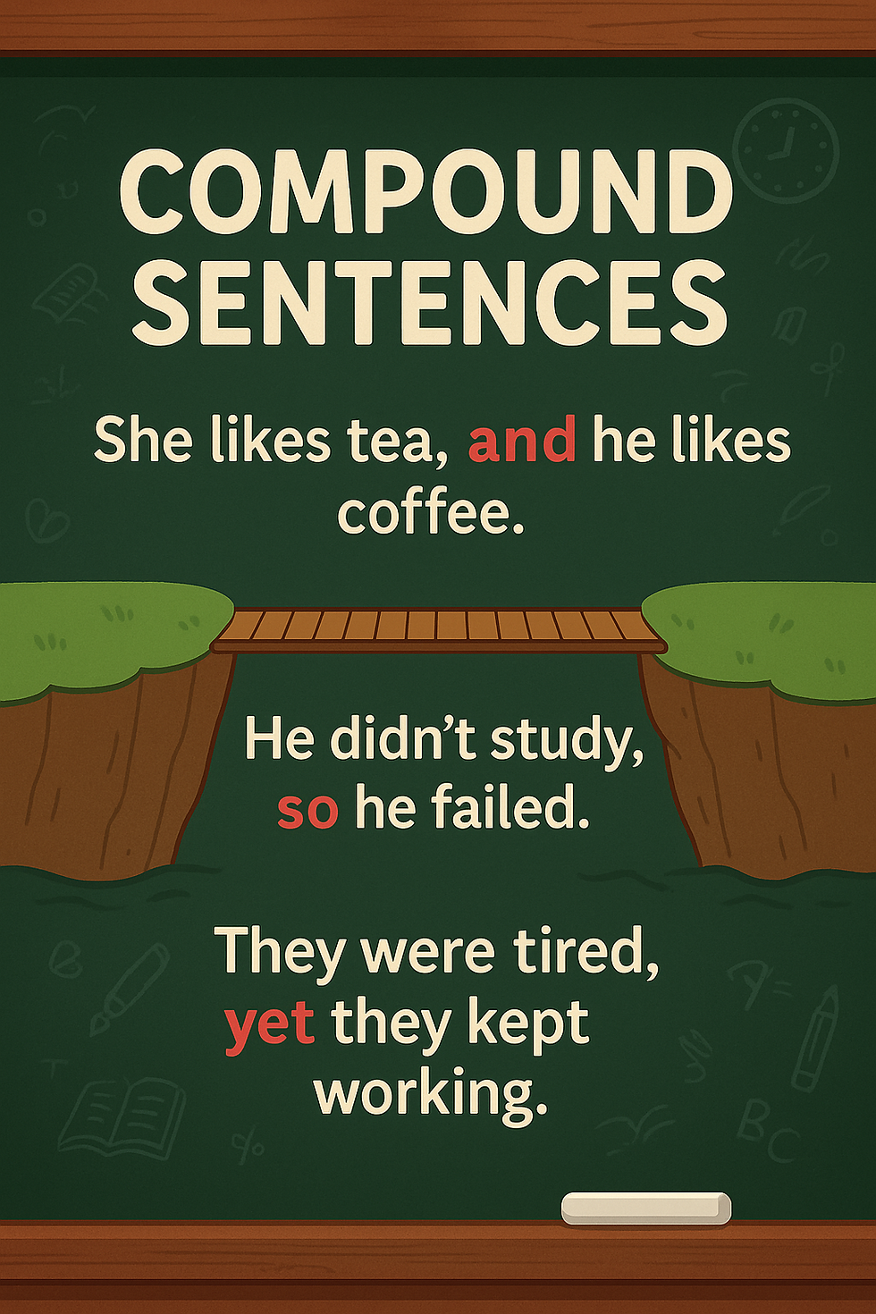 Chalkboard with "Compound Sentences" and examples using "and," "so," "yet." Background includes a wooden bridge and cliff illustration.