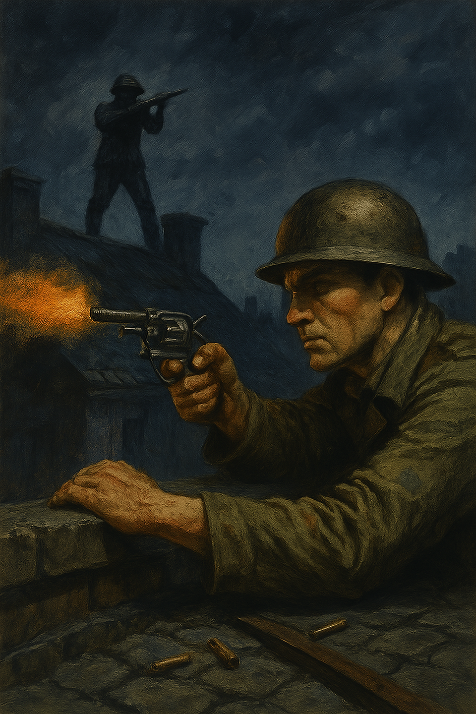 A dimly lit cityscape of Dublin at night, with gunfire flashing in the distance and smoke rising .