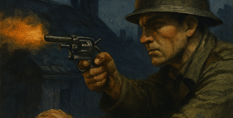 A dimly lit cityscape of Dublin at night, with gunfire flashing in the distance and smoke rising .