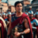 Antony is a younger man with a robust build, short, dark wavy hair, and a confident, charismatic expression. He has a sharp jawline and intense eyes that show both his grief and his cunning.