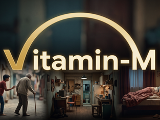 Vitamin-M text over a collage of an elderly man with cane, a small kitchen, and a couple cuddling in bed at night.