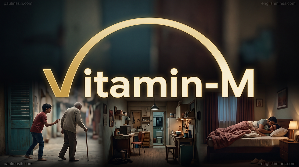 Vitamin-M text over a collage of an elderly man with cane, a small kitchen, and a couple cuddling in bed at night.