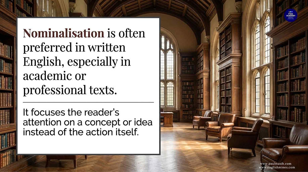 Academic library with leather chairs and a poster explaining nominalisation; sunlit bookshelves, arched windows, calm mood.
