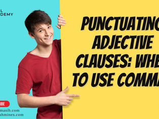 Smiling person in red shirt points to yellow panel with text "Punctuating Adjective Clauses: When to Use Commas." Blue background, logos.