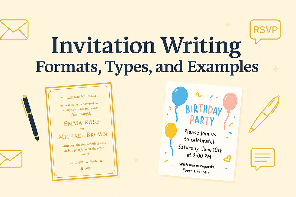 A 16:9 digital banner titled “Invitation Writing: Formats, Types, and Examples,” with a formal wedding card on the left, a colorful birthday invitation on the right, and floating icons like pens, RSVP tags, and envelopes on a pastel background.