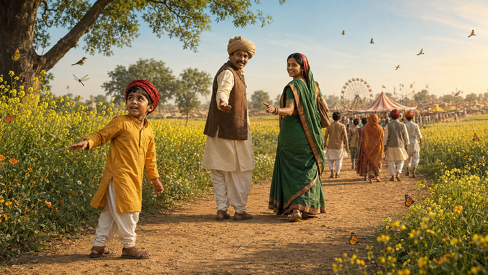 Smiling family in traditional dress walks a flower-lined path to a fair, with a child reaching out and a ferris wheel behind.