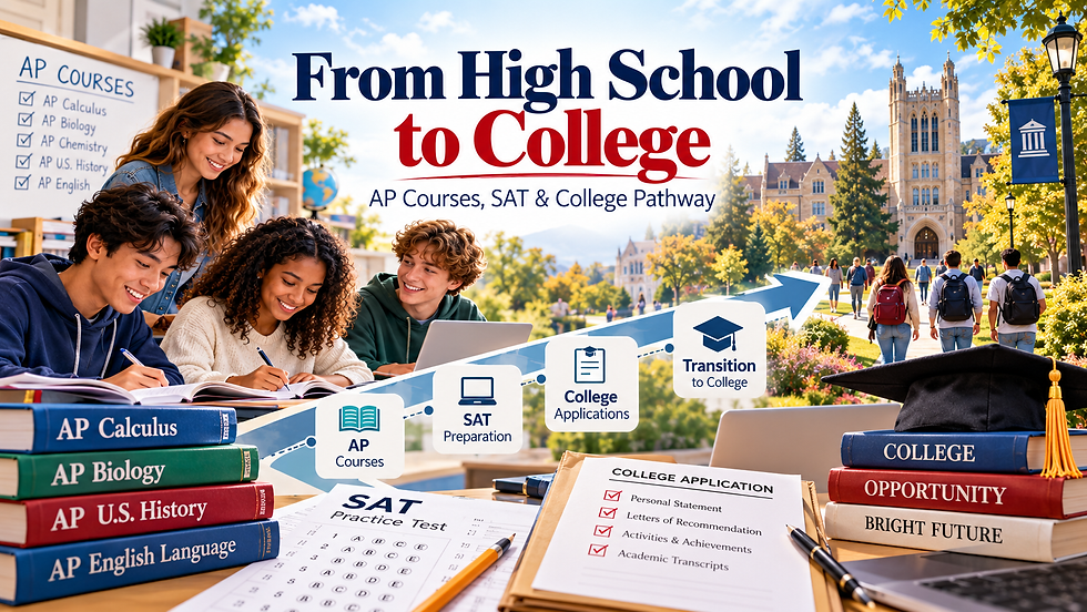 AP students study on campus under From High School to College, with AP, SAT, and college application icons.