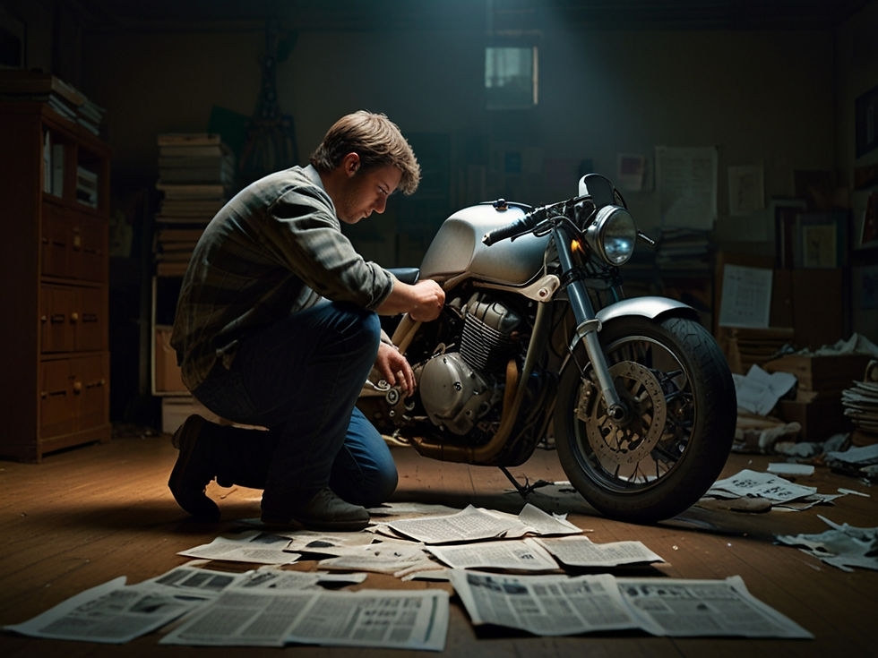3. Geoff Working on His Motorcycle: Sophie’s older brother Geoff is kneeling on the floor of a dimly lit room, carefully working on a motorcycle part spread out on newspapers. He has a strong, quiet look, absorbed in his task. Sophie stands nearby, gazing at him, imagining the mysterious world he seems to belong to, filled with places she has never seen.