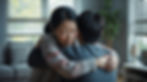 A mother trying to hug her distant teenage son in a living room.