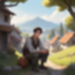 Young man sits on a stone path in a village, surrounded by lush greenery and mountains. Sunny day, with rustic rooftops in the background.