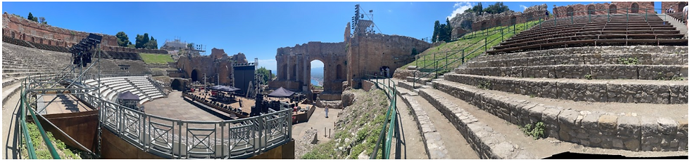 Panoramic of Teatro Antico di Taormina, with the Sicilian shoreline in the background
